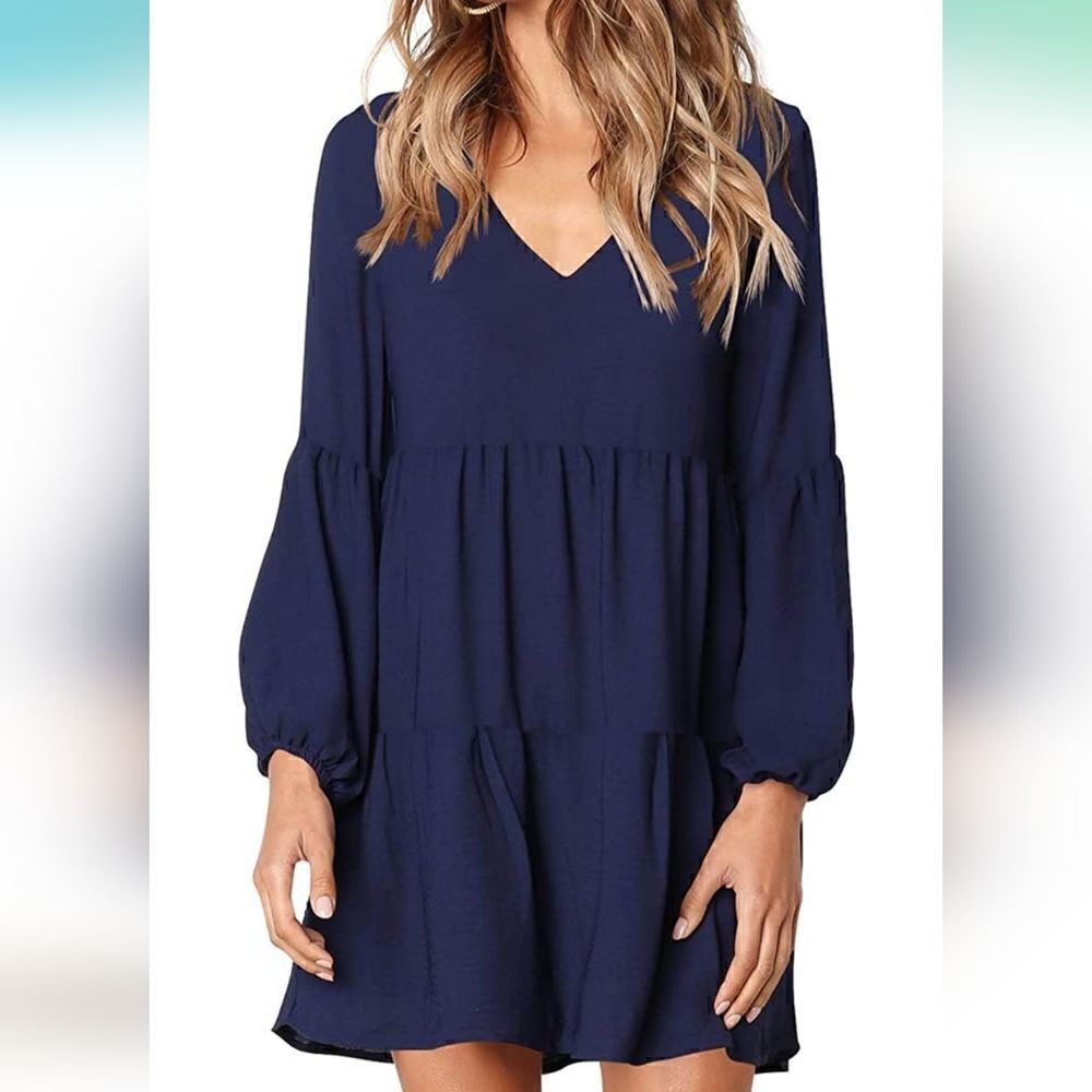 Cosonsen Swing Shift Long Sleeve V Neck Tunic Dress